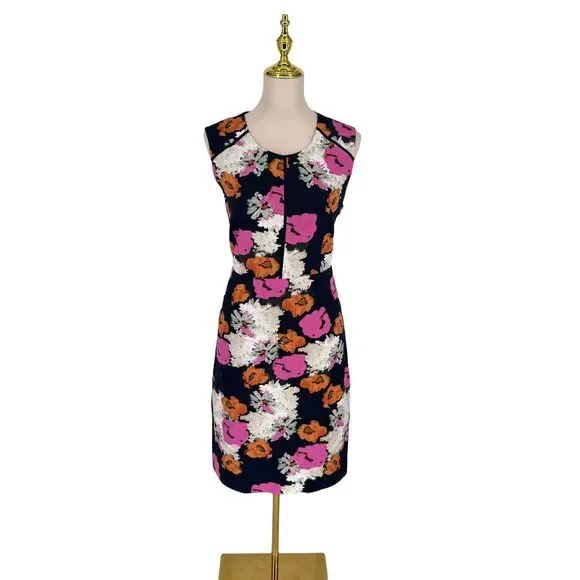 J.Crew Floral Sheath Dress 12 Portfolio Navy Pink Petunia Matelasse Sleeveless - Picture 2 of 13